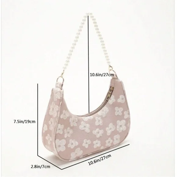 Floral Tan & Cream Floral Print Shoulder Bag with Pearl Chain Strap | NWT | - Picture 7 of 11